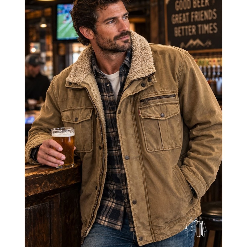 Levis Utility Field Jacket Mens XXL Tan Excellent Sherpa Collar Heavy Canvas